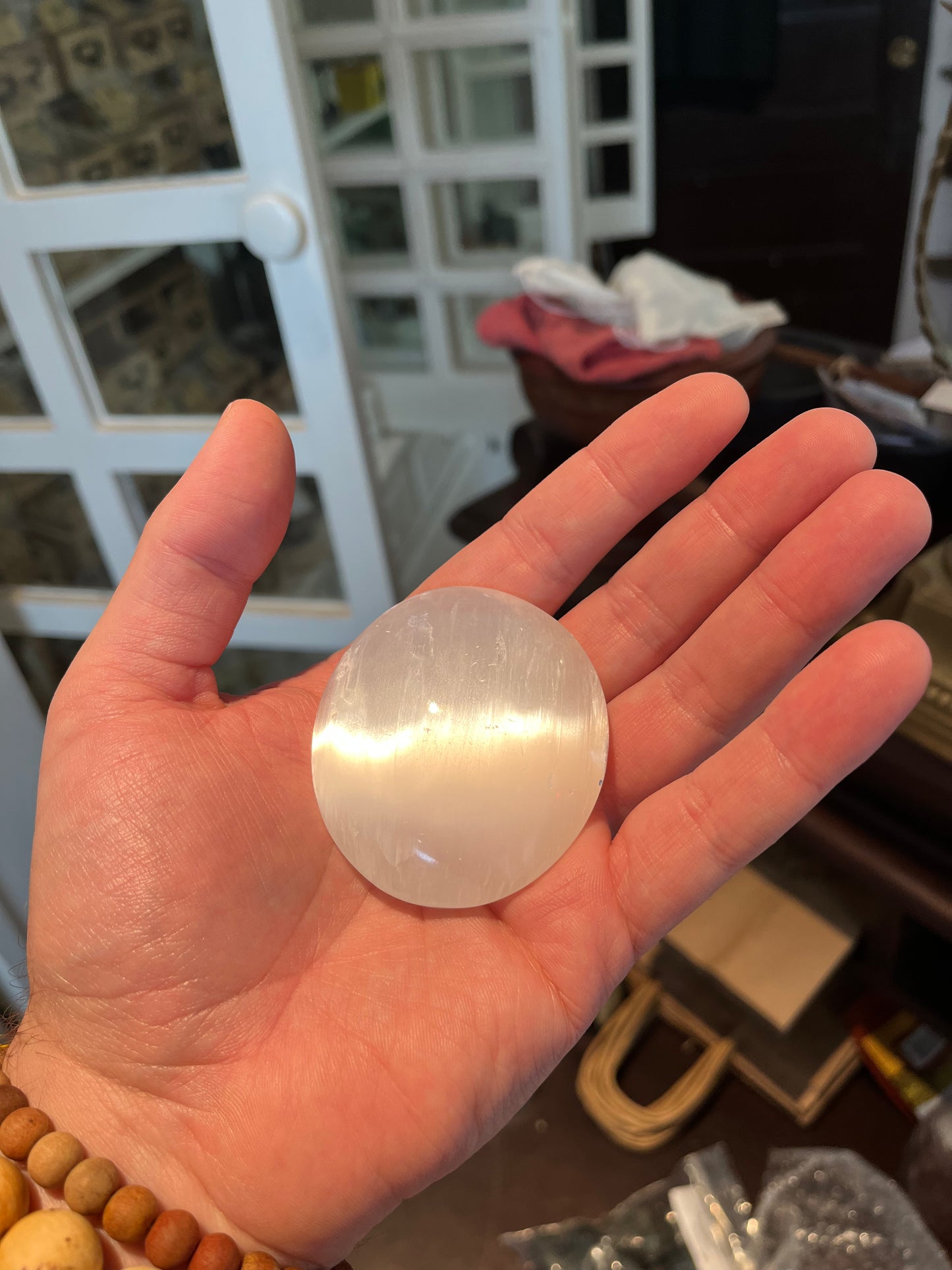 High flash selenite satin-spar palm stone